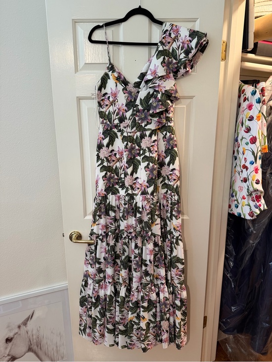 No pise la grama Dresses & Skirts - Floral One-Shoulder Maxi Dress - White with Pink & Green